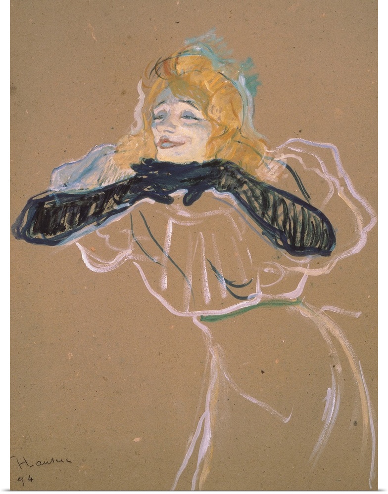 XIR47711 Yvette Guilbert (1867-1944) singing 'Linger, Longer, Loo', 1894 (oil on cardboard); by Toulouse-Lautrec, Henri de...