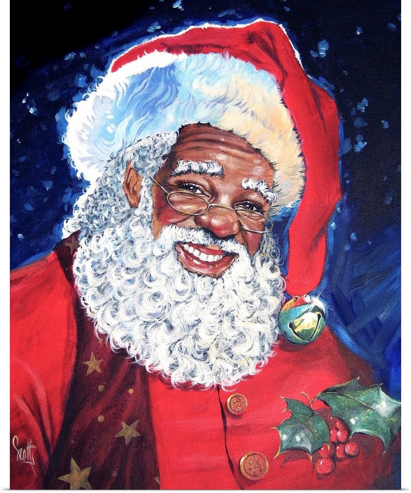 A jolly portrait of a dark skinned Father Christmas in a traditional style.