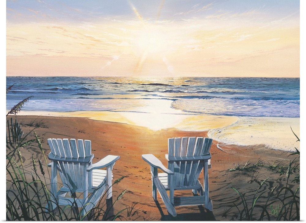 Painting of two beach chairs on sand near shoreline under a sunny sky.