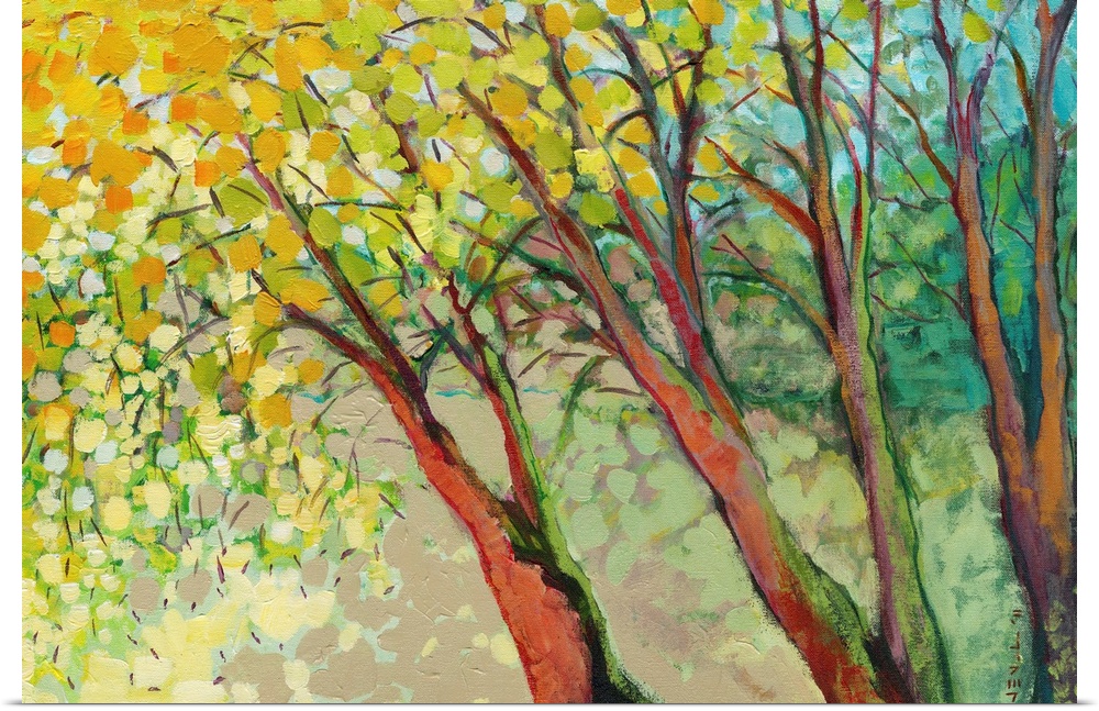 A contemporary impressionistic landscape of three painterly trees and abstract leaves made large brush strokes.