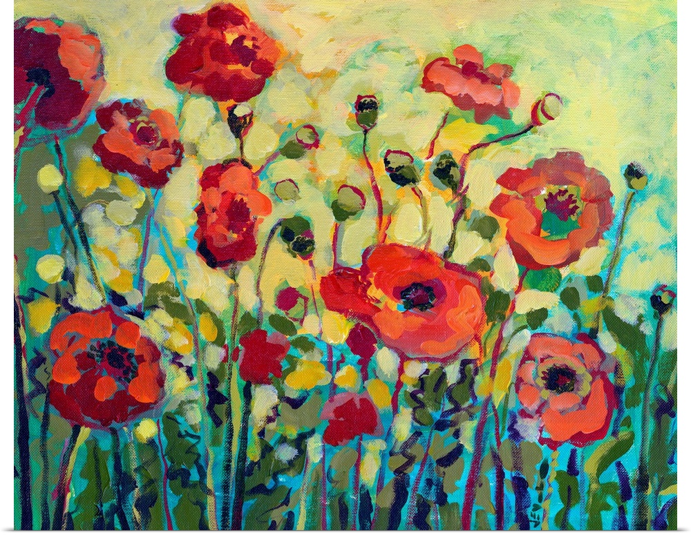 Close up of poppy flowers and leaves with bold impressionistic brush strokes.