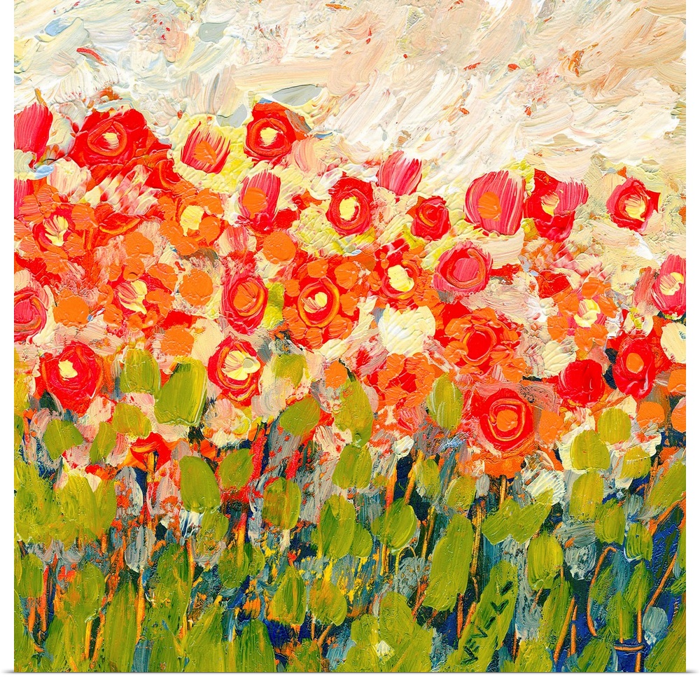Big square contemporary painting illustrating colorful flowers on a Spring day through use of various bright colors and te...