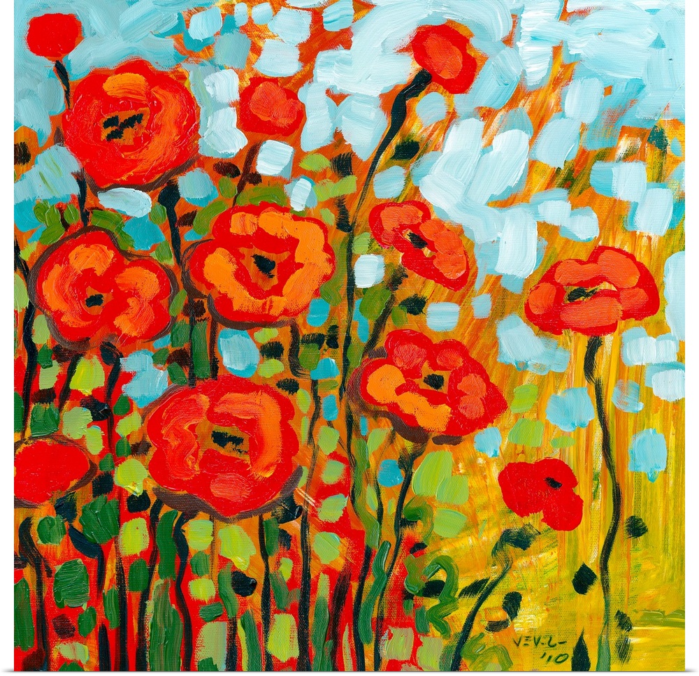 Thick brush strokes makes a cheerful still life of flowers with contrasting colors.