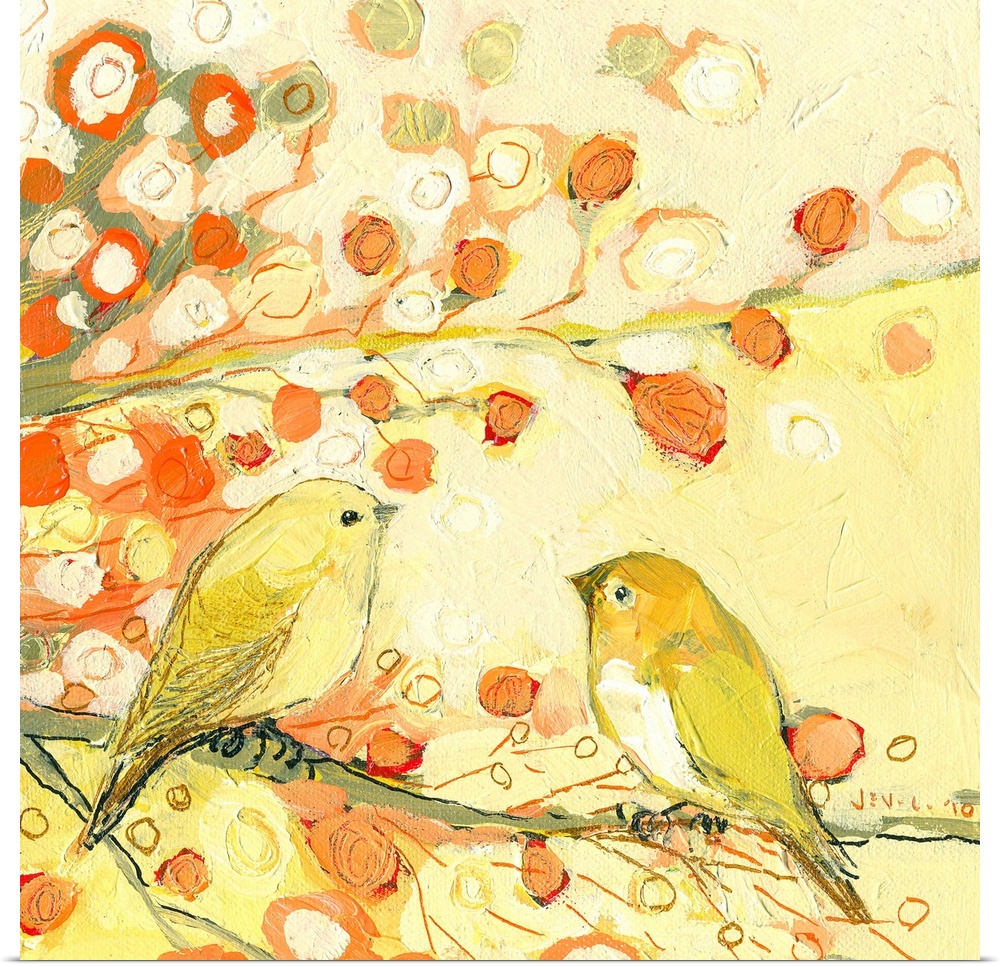 Big, square wall painting in warm and golden tones of two birds facing each other on a branch, another branch with circula...