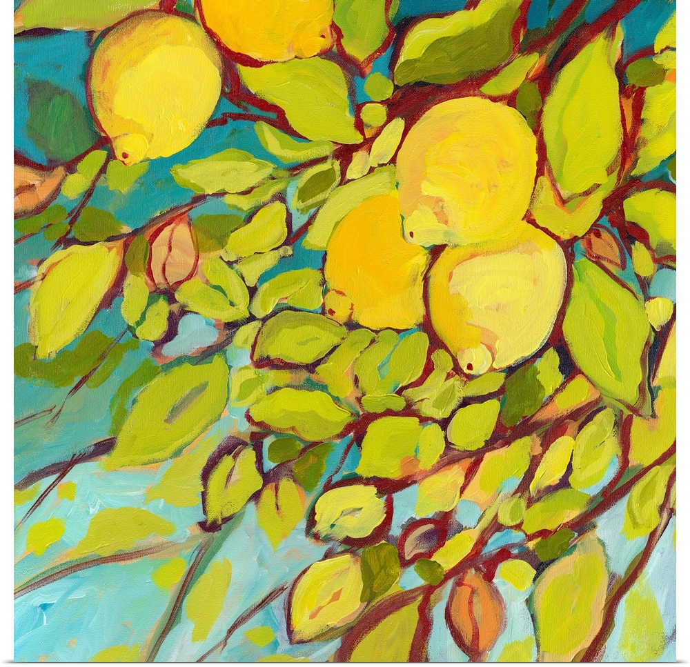 Contemporary painting of lemon tree with an up close view of the leaves and lemons.