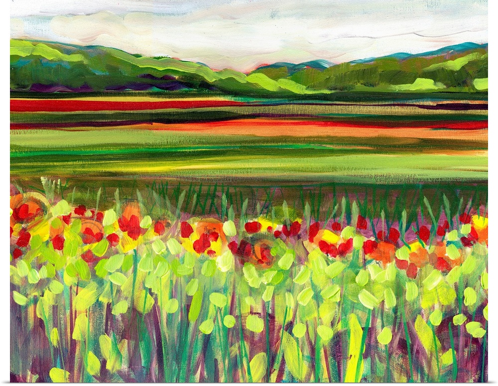 Large, landscape fine art painting of a meadow of wildflowers in front of a green hillside on the horizon.  Painted during...