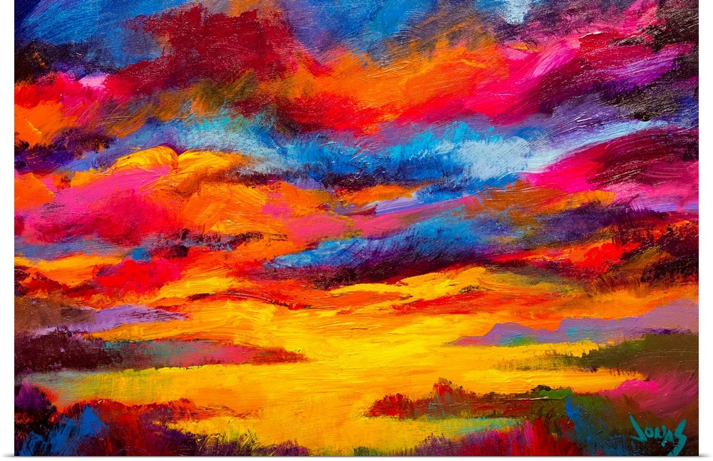 Decorative art for the home or office this painting highlights the many colors of a sun kissed sky with brush strokes bein...