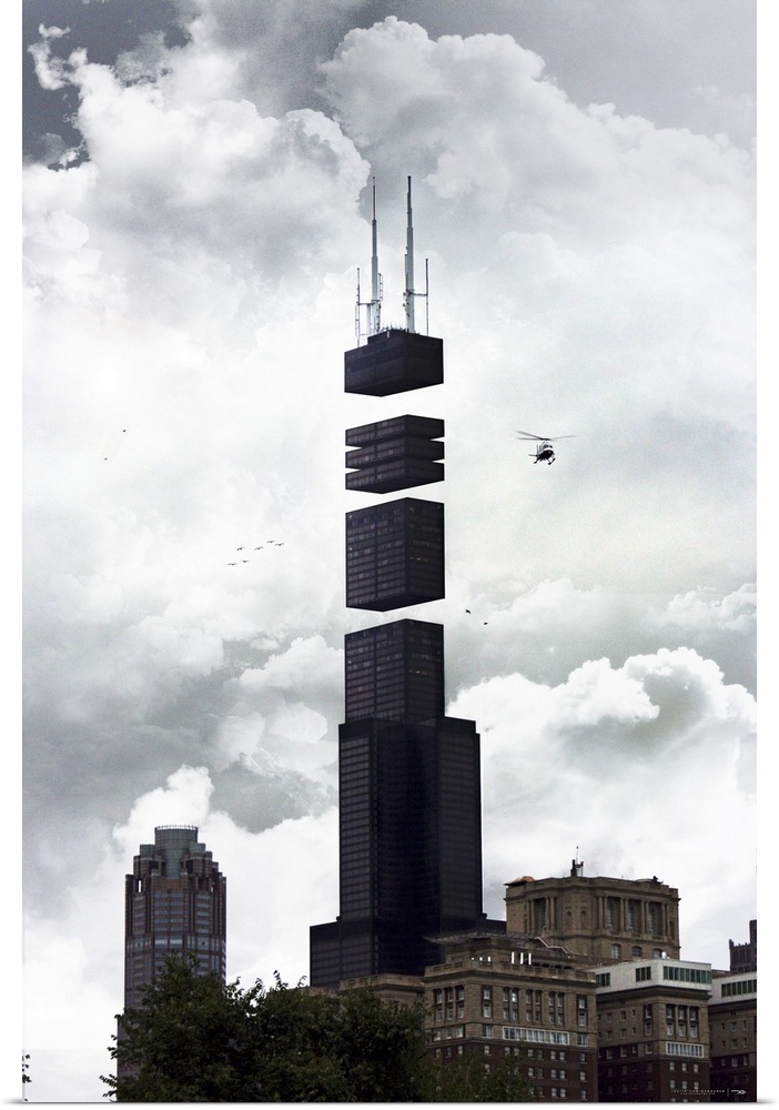 Large contemporary art includes a photograph of a landmark skyscraper in Chicago, Illinois that has been split into separa...