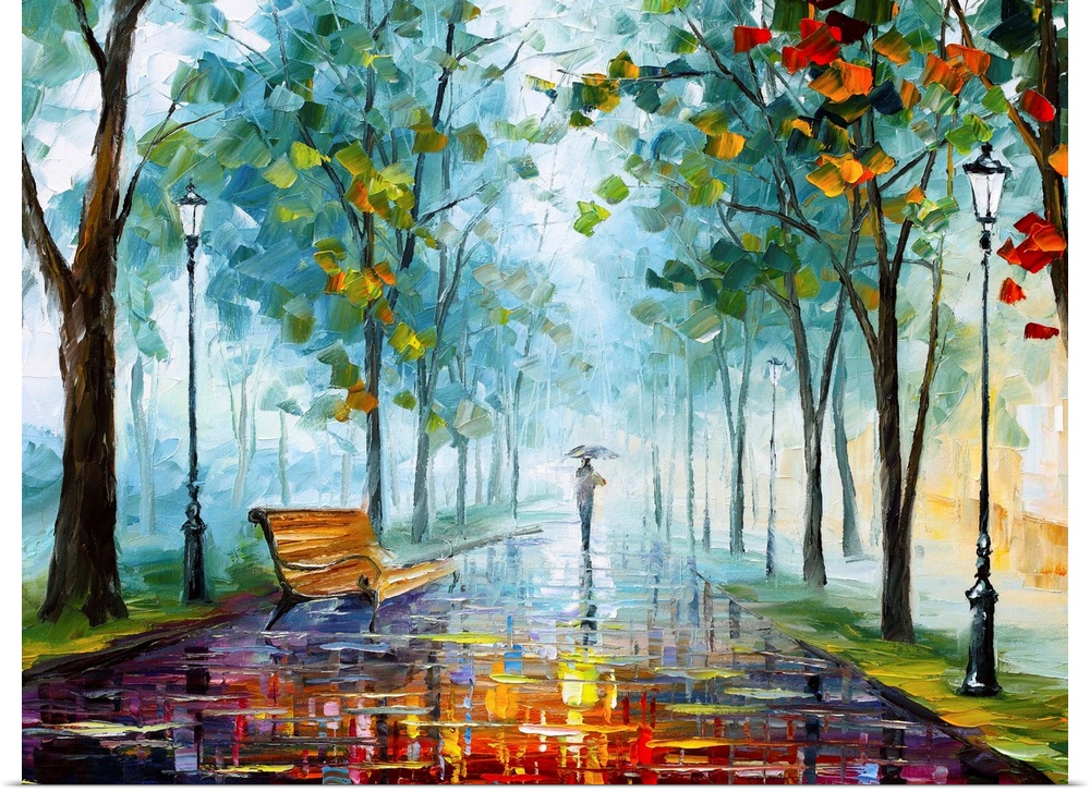 Contemporary  painting of person with umbrella walking in the rain into the distance on a wet path.  The path is lined wit...