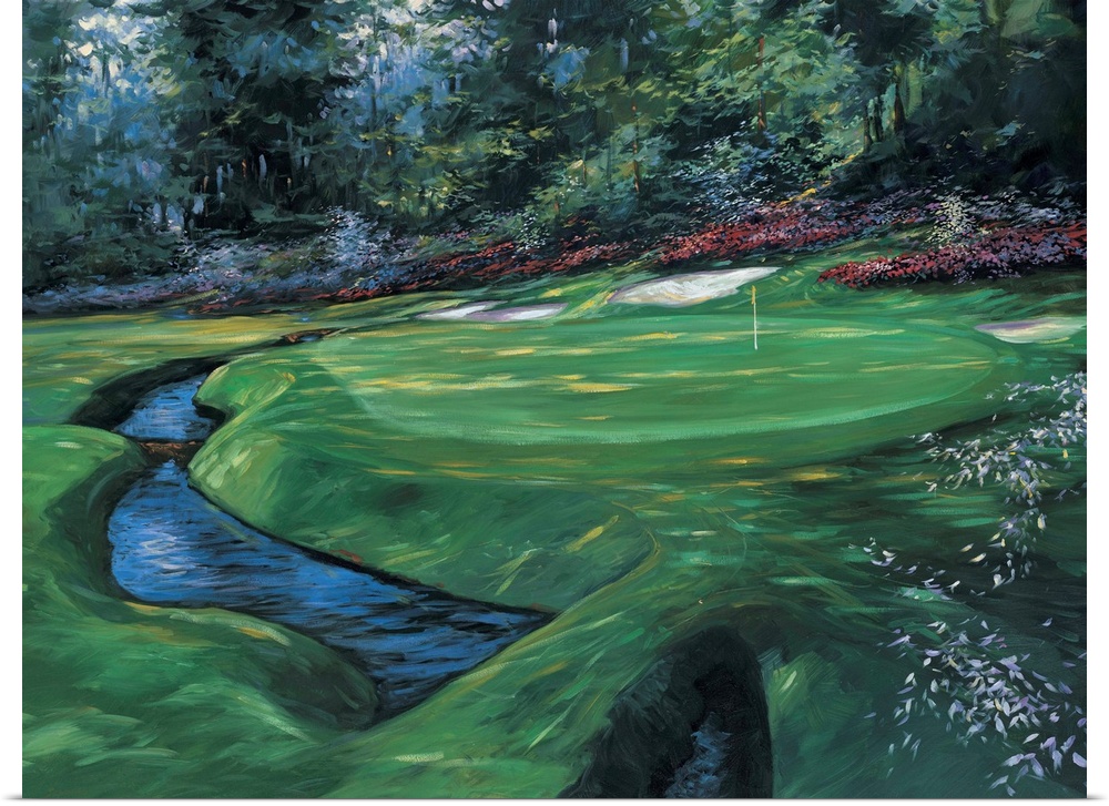 A traditional style painting of the thirteenth green of Augusta National Golf Club in Georgia, home of the Masters Golf To...