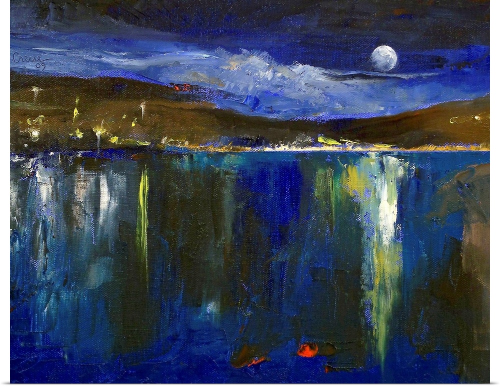 The moon, hillside, and village lights reflect on the still surface of a lake in this contemporary landscape painting.