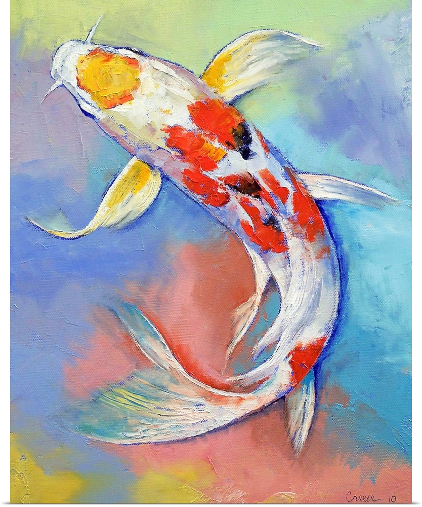 This vertical decorative accent is a delicate painting of a swimming garden pond fish against an abstract pastel background.