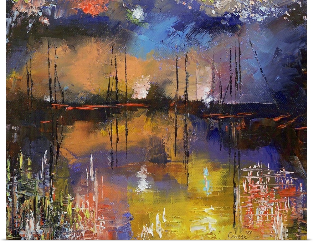 Big canvas art portrays a scene of boats sitting under a night sky as pyrotechnics burst in the background and reflect ove...