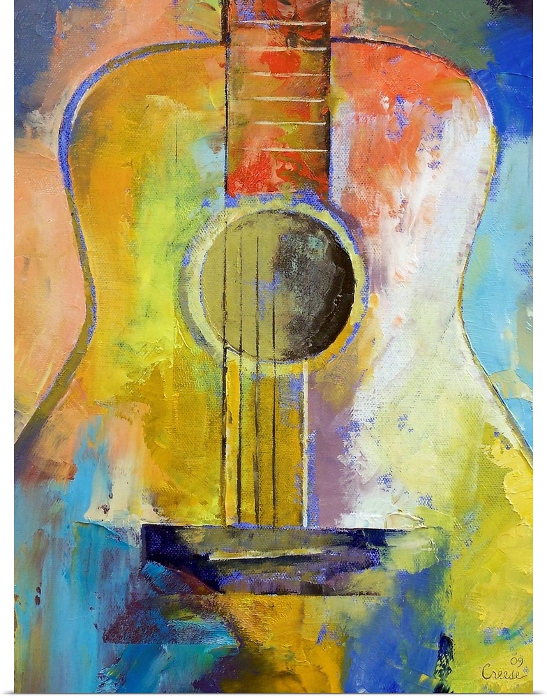Large contemporary art focuses on the body and strings of a popular musical instrument through the use of vibrant colors.
