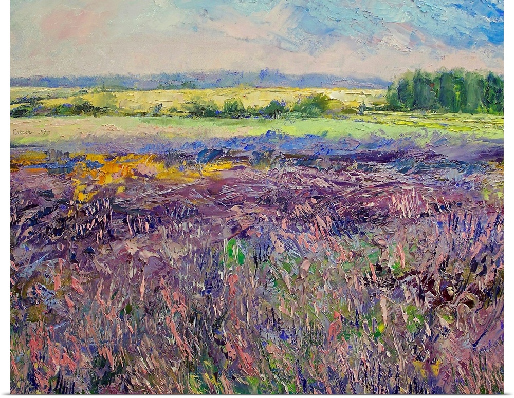 A field of flowers and farm land in France painted with contemporary impressionist flair.