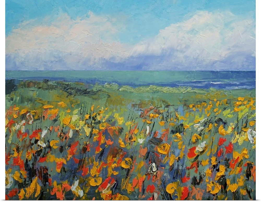 Giclee print of an oil painting depicting a field of flowers, the ocean, and sky full of fluffy clouds.