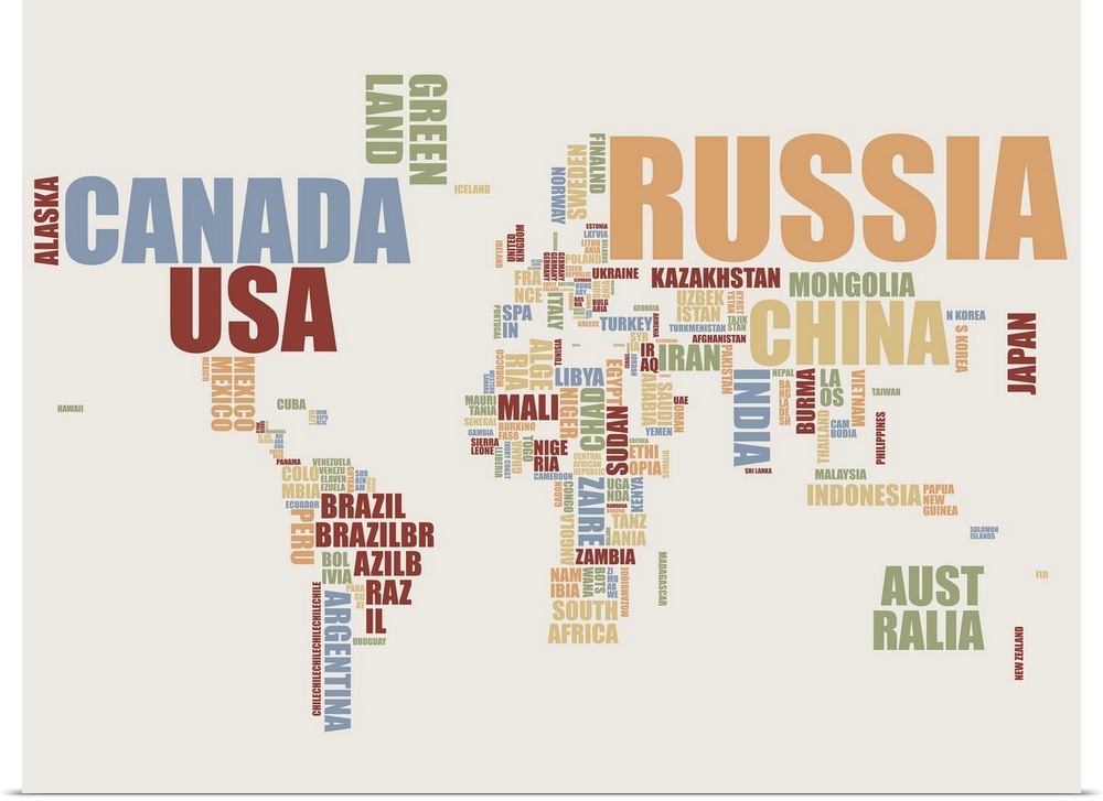 Contemporary typographic map of the world.  Each continent is shaped by the letters that create each country's name.