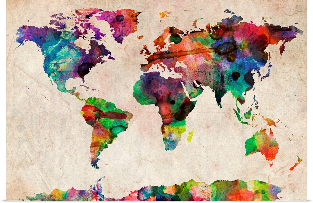 Silhouette of continents filled with wild paint splatters on a textured background showing all the countries of the world.