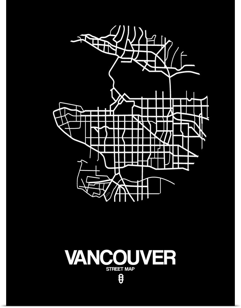 Minimalist art map of the city streets of Vancouver in black and white.