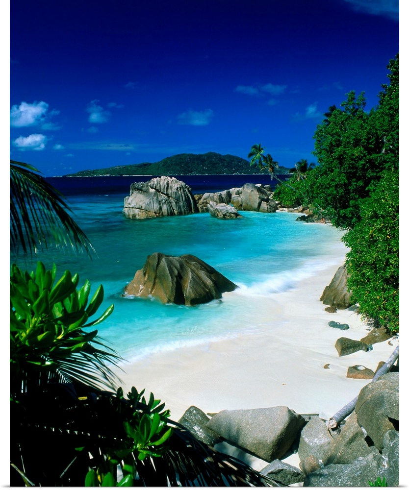 This is vertical photograph of a beach landscape framed by tropical foliage with massive boulders punctuating the water an...