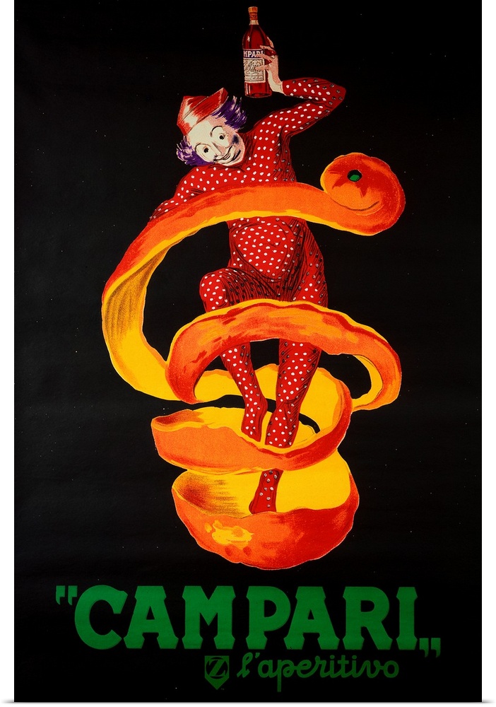 Vintage adverting poster of clown holding bottle of liquor with an orange unpeeling from his feet up and around his body.