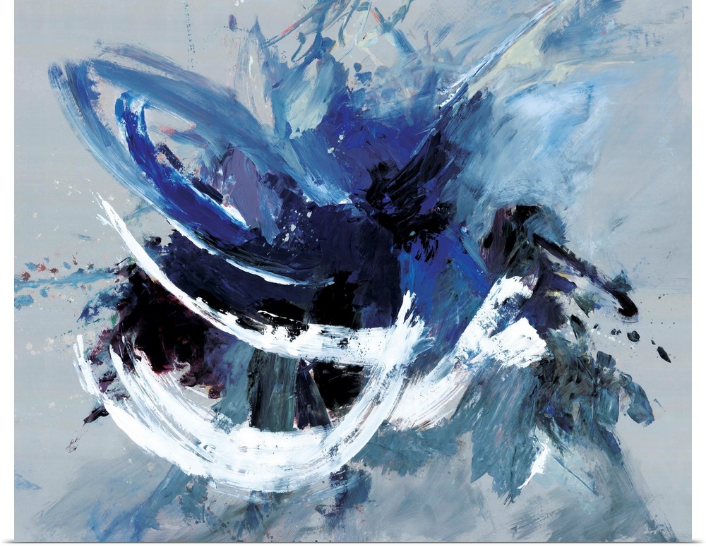 Contemporary abstract artwork in blue, black, and white in broad, fast brushstrokes.
