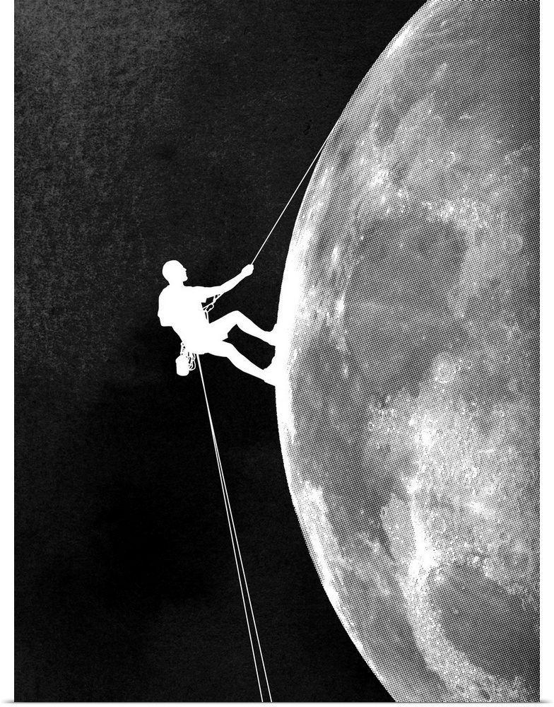 Contemporary artwork in black and white of a climber shown descending down the side of the moon.