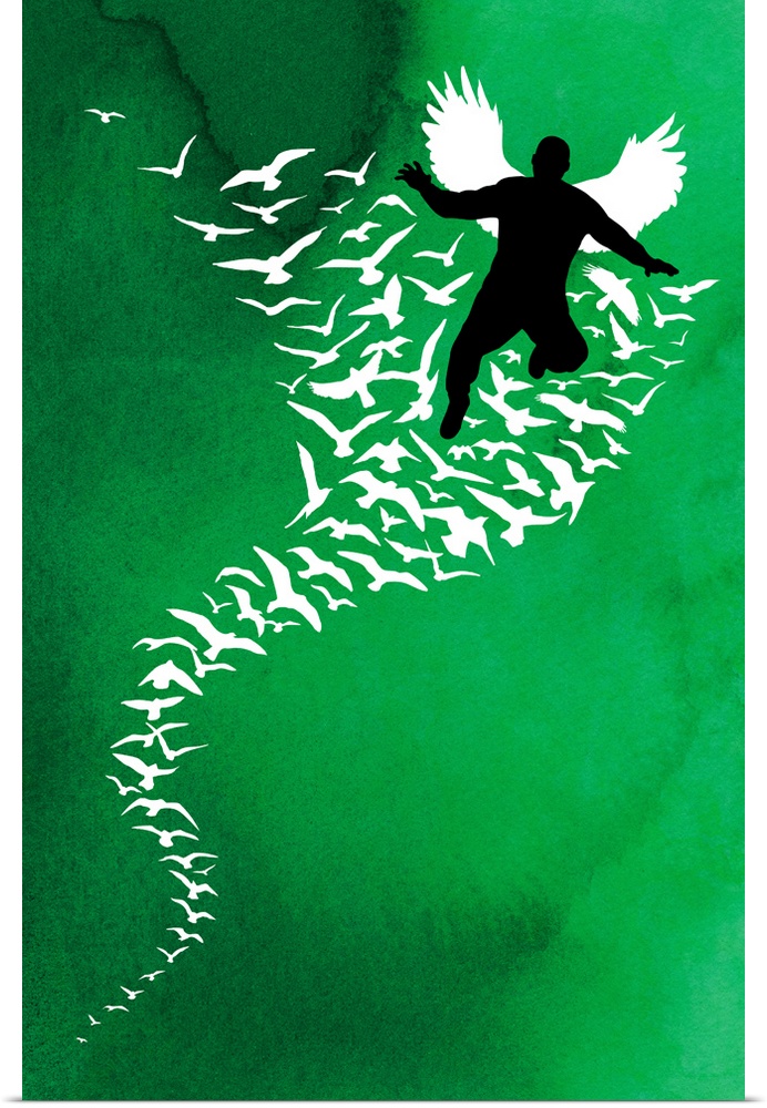 Vertical painting of a flock of birds flying upwards with the silhouette of a man with wings in front of them.