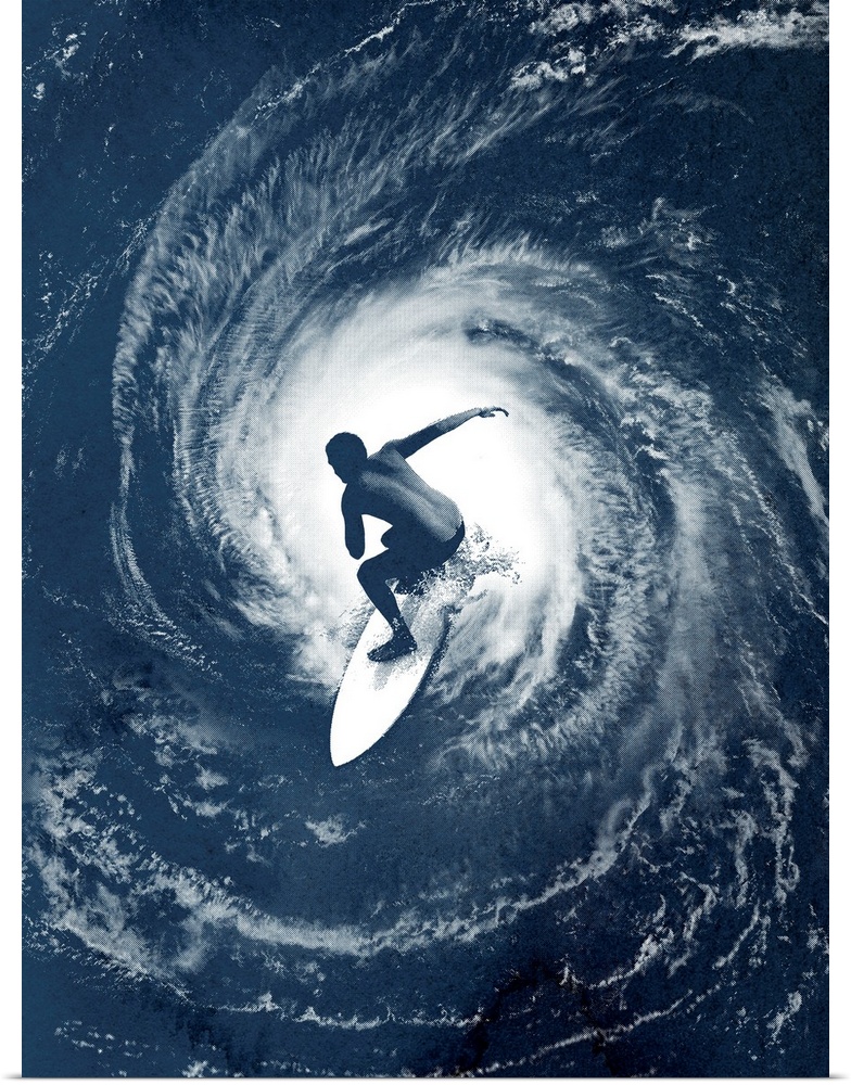 Big photo on canvas of a surfer on top of an image of a hurricane in the ocean.