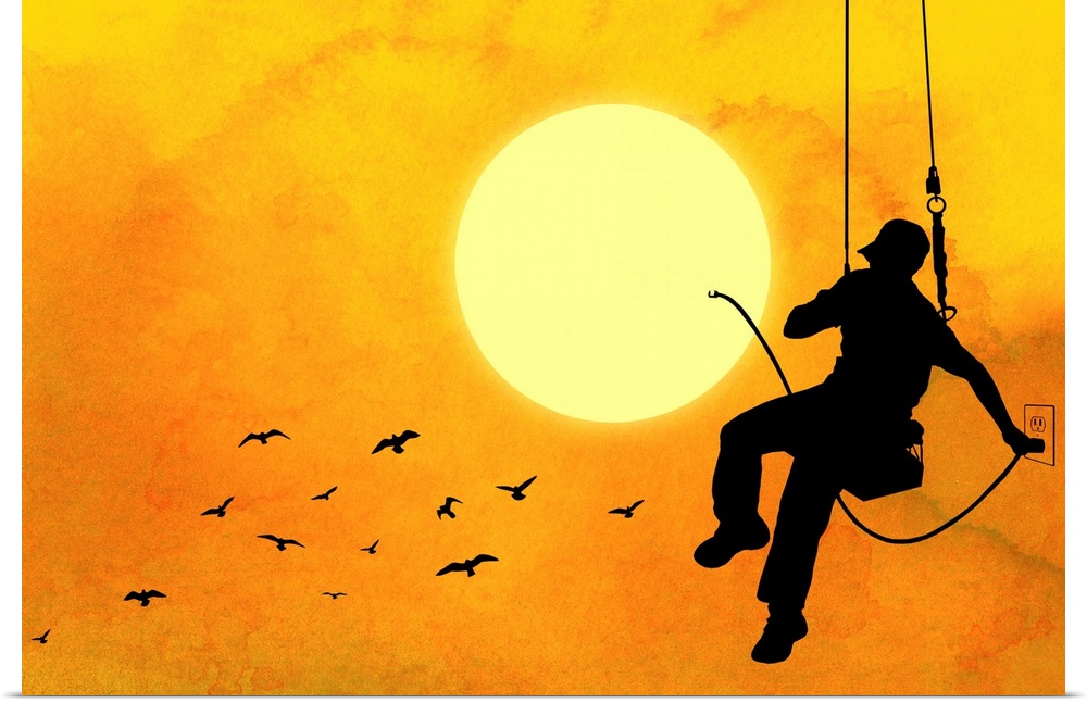 This conceptual, horizontal contemporary artwork shows a silhouetted workman hanging on a swing plugging in an electrical ...