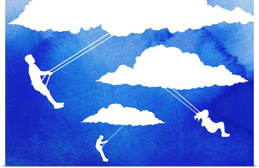 Silhouettes of children on swings attached to clouds over a watercolor texture background.