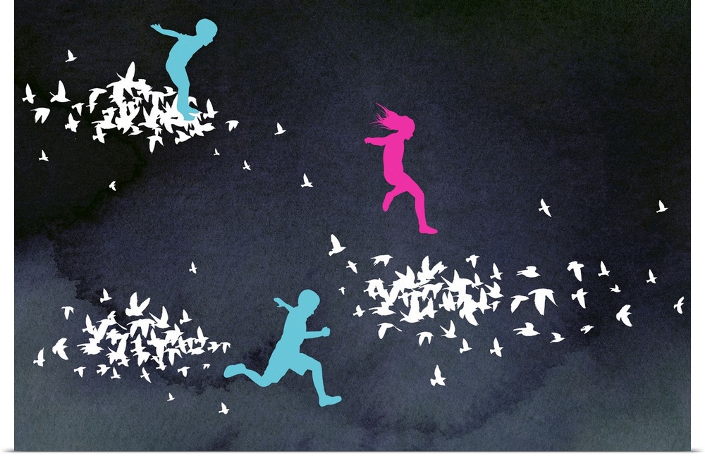 Contemporary art showing children running and leaping through clouds of birds cut outs with a dark watercolor background.