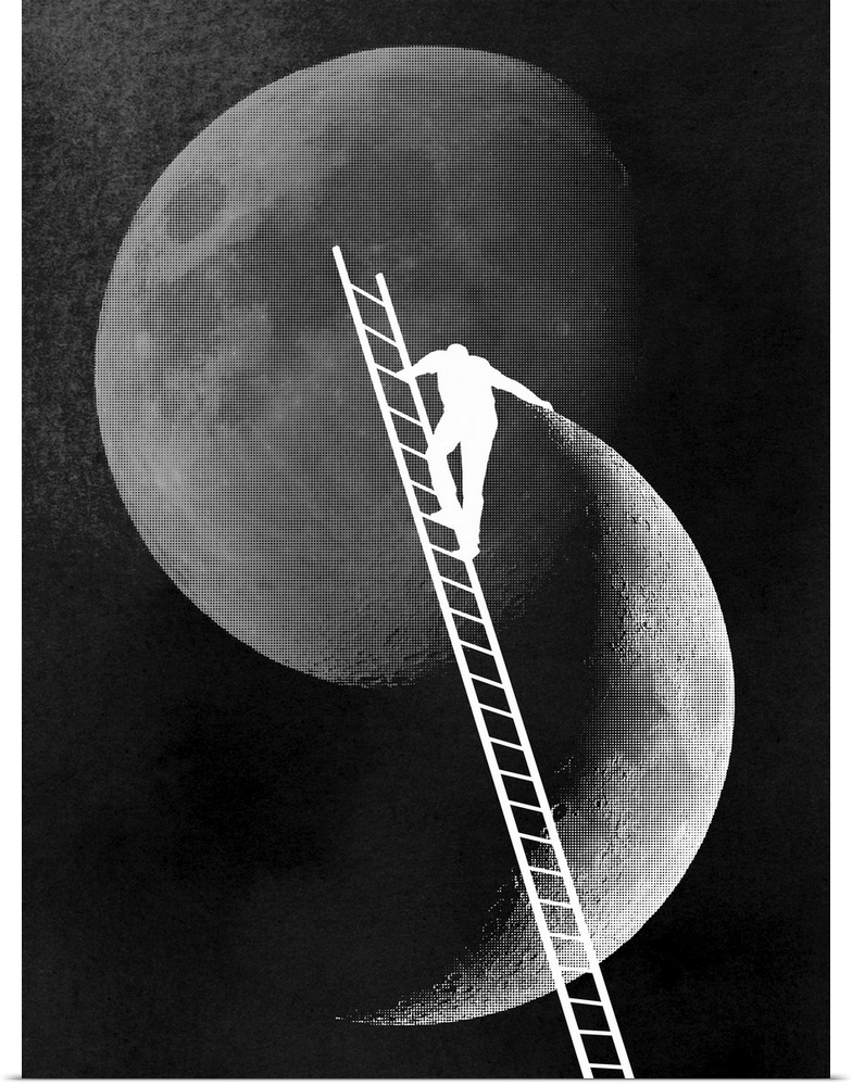 Huge monochromatic illustration depicts a man with a very large ladder extending towards the moon.  Within the illustratio...