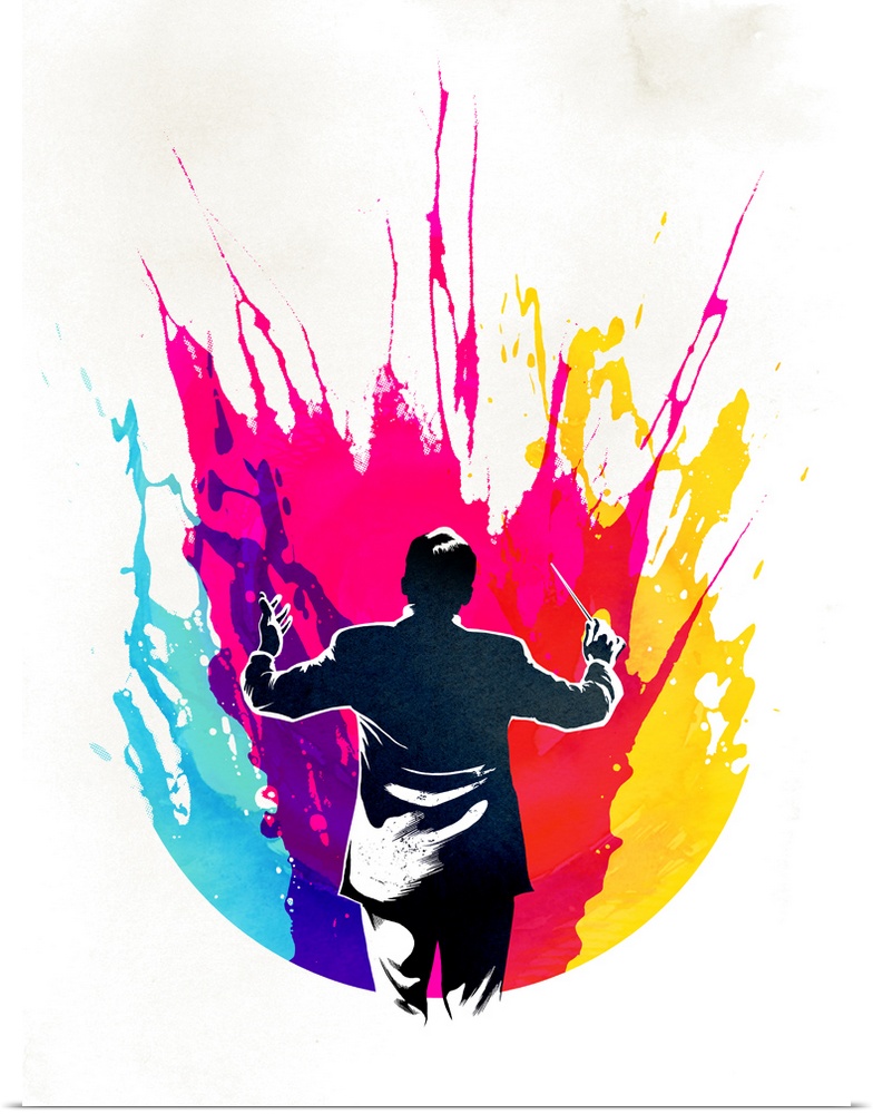 Contemporary artwork of orchestra director directing splashes of color spraying upward.
