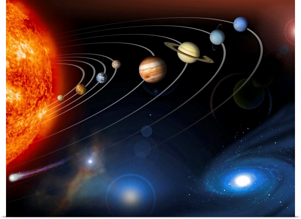 Solar system planets. Computer artwork of the eight planets of the solar system, which are arrayed from left to right in o...
