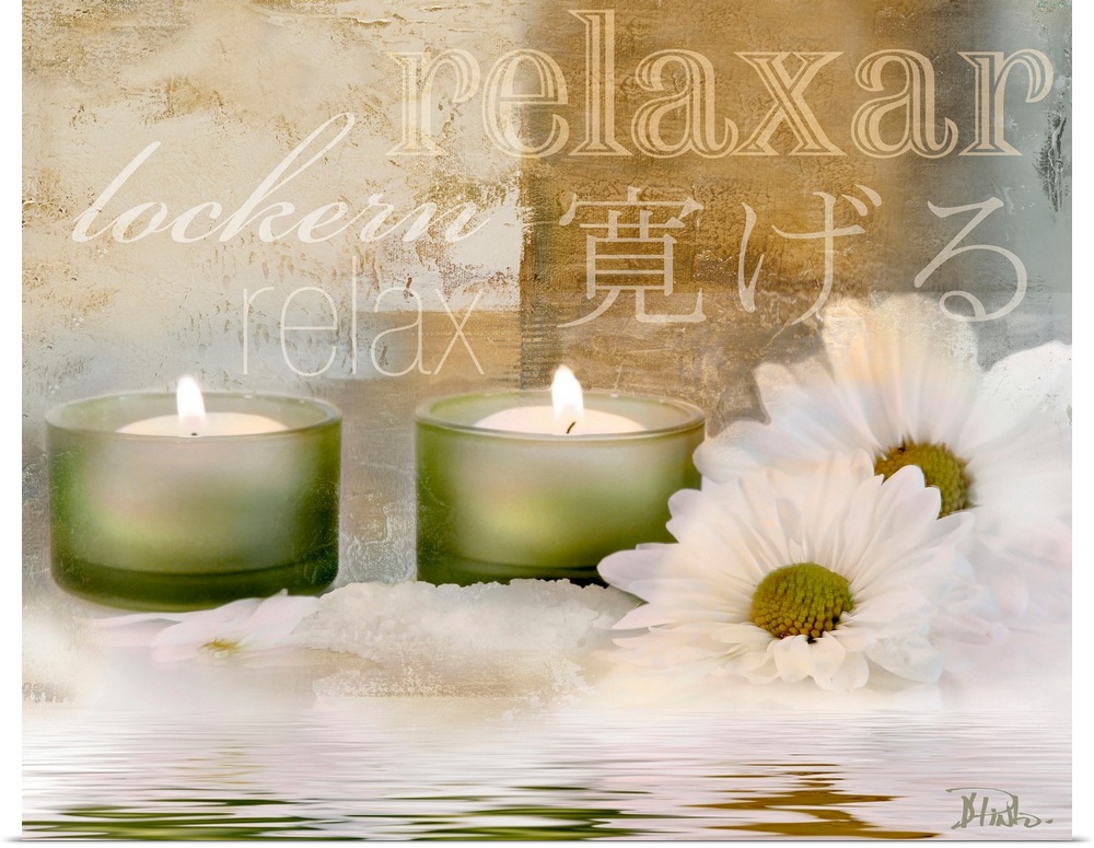 Digital artwork of candles and flowers sitting in water with typographic design in background.