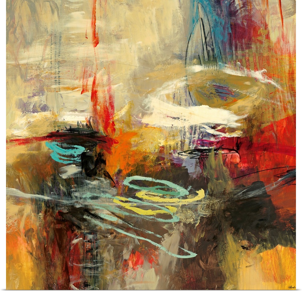 A chaotic blend of brush strokes on a square canvas with a centered composition.
