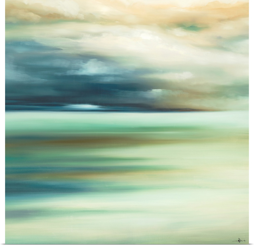 Giant landscape canvas art portrays a sky filled with clouds as they hover over an open body of water.