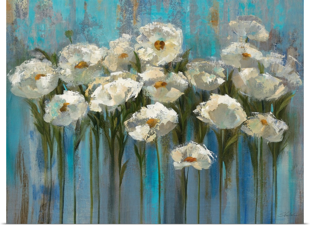 Contemporary painting of flowers standing tall with an abstract background.