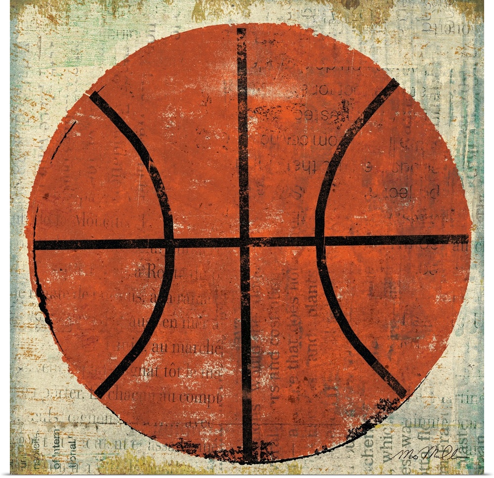 This square shaped wall art is perfect for a sport enthusiast shows a basketball painted over a collage of text.