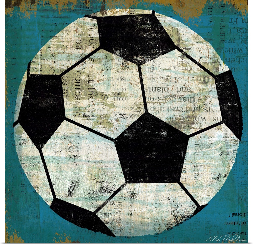 Large retro art depicts a soccer ball incorporating various lines of text within the blank spaces of it, as well as some o...