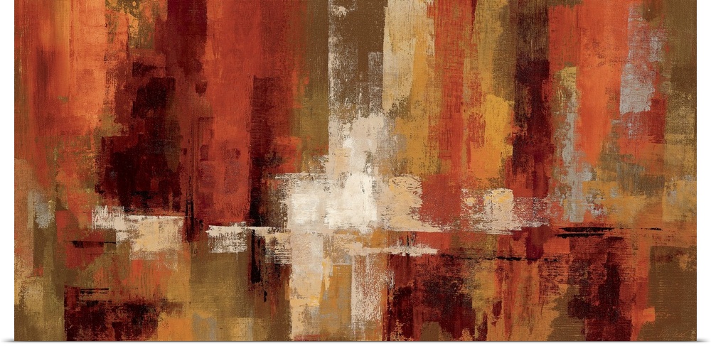 Rust colored paint textures layered next to each other to build up this vertical composition on a wide abstract wall art.