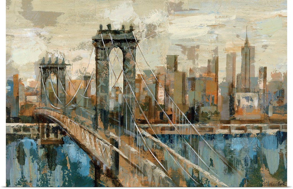 A contemporary painting of the New York City and a suspension bridge seen from an opposite shore created with blocky shape...