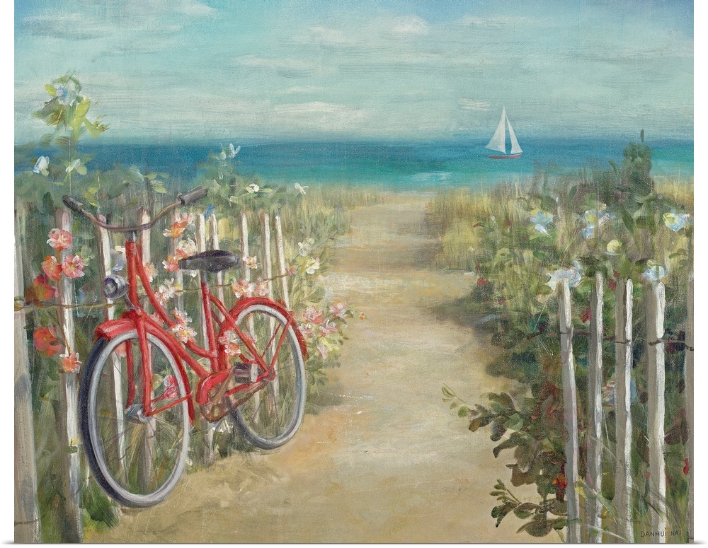 Huge contemporary art depicts a path leading to a beach that is lined with lush vegetation and a bicycle resting against a...