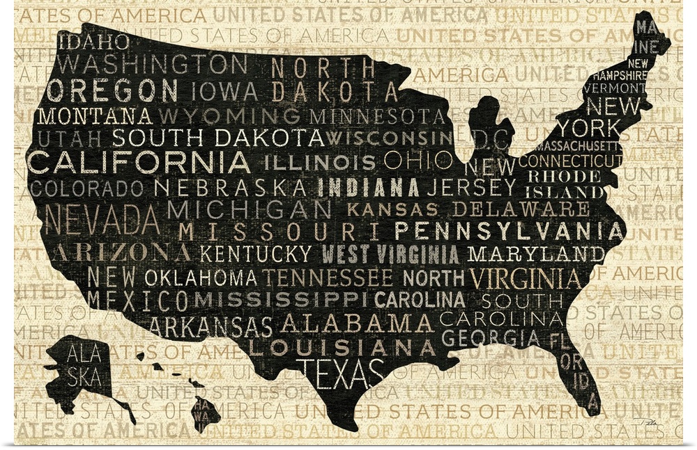 Big illustration displays a silhouette of the United States with Alaska and Hawaii included in the bottom left hand corner...