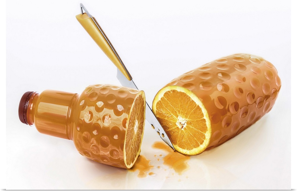 Conceptual image of a bottle cut with a knife to reveal a fruit center.