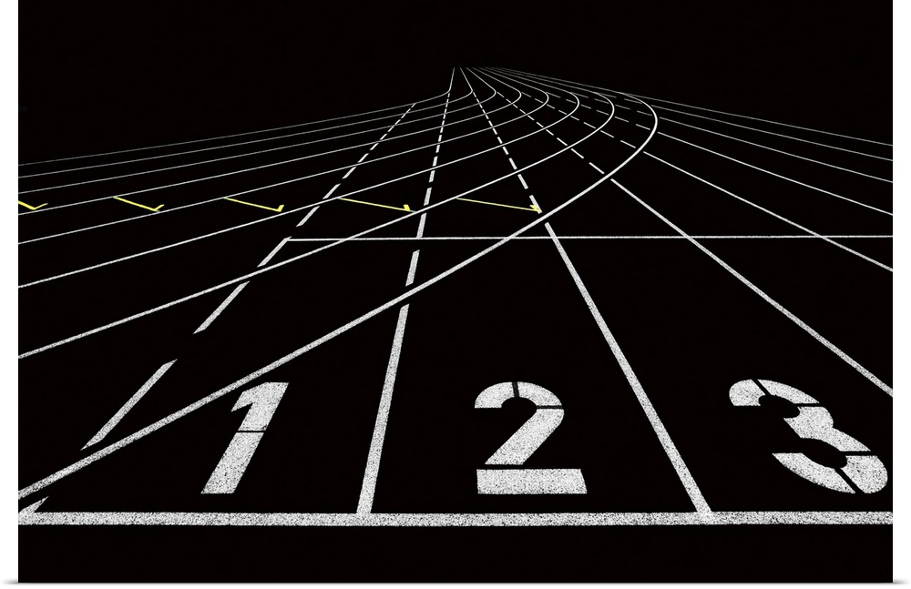 High contrast image of a running track with large painted numbers.