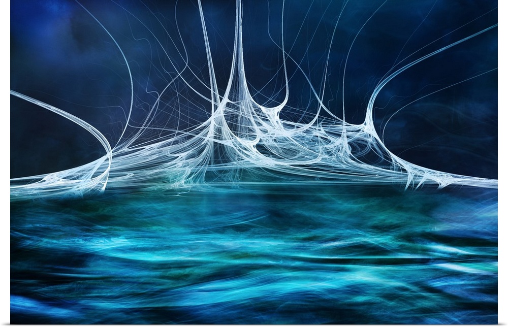 Abstract digital art with blue, green, and white hues resembling water splashing.