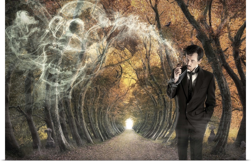 A man smoking a pipe in a forest of curved trees, with a skull forming from the smoke.