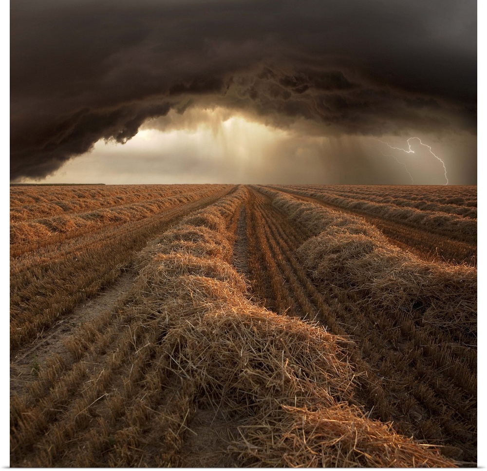 Dark storm clouds with lightning over a tilled field of straw.